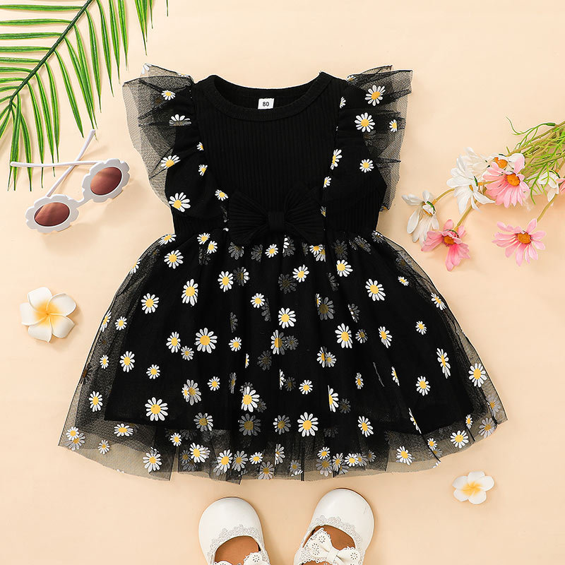 Conyson Summer Princess Kids Girls Dress Clothing 3 Colors Mesh Ruffles Sleeve Sunflowers Lace Tutu Dress Sleeveless Princess