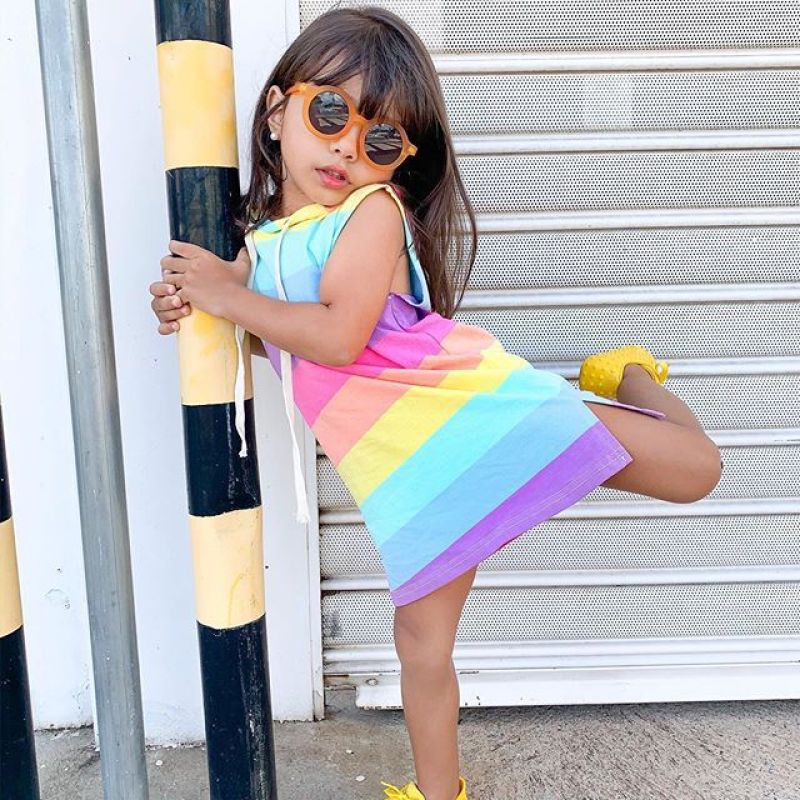 Clothes Colorful Stripe Outfit Hooded Dress New Summer Fashion Lovely Vest Hooded Frock Children Rainbow Stripe Girl Dress
