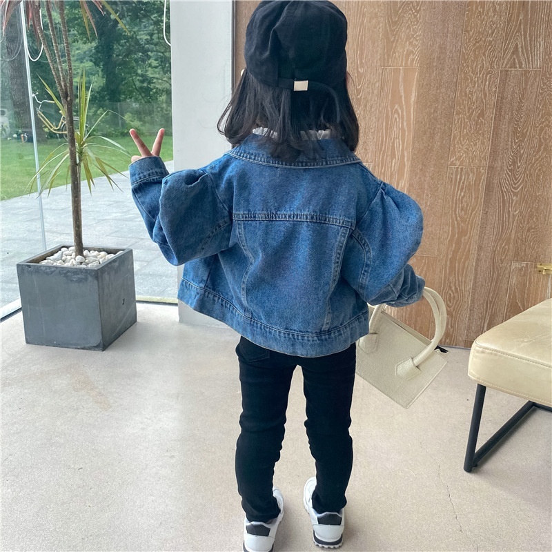New Autumn Baby To Toddler Single Breasted Girl Puff Sleeve Baby Girls Jackets Denim Puffer Coat