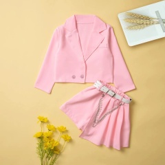 Conyson Latest Design Spring Autumn 3 to 8 Years Old Solid Candy Color With Belt Girl Children Kids Two Piece Short Sets