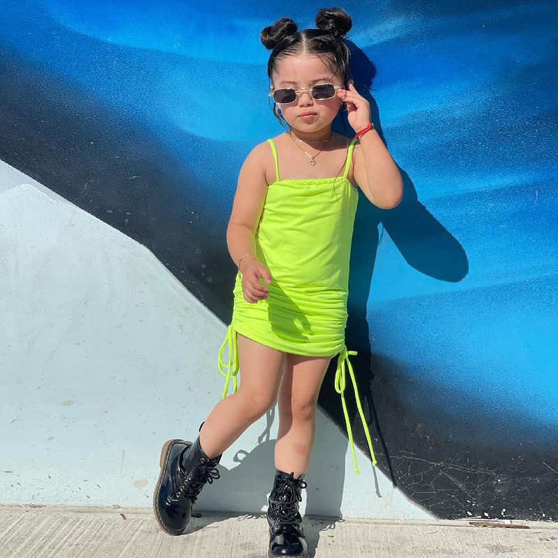 Conyson Wholesale Summer New Fashion Kids Clothes Halter Sleeveless Drawstring Skirt Solid Designer Little Girls Dress for Kids