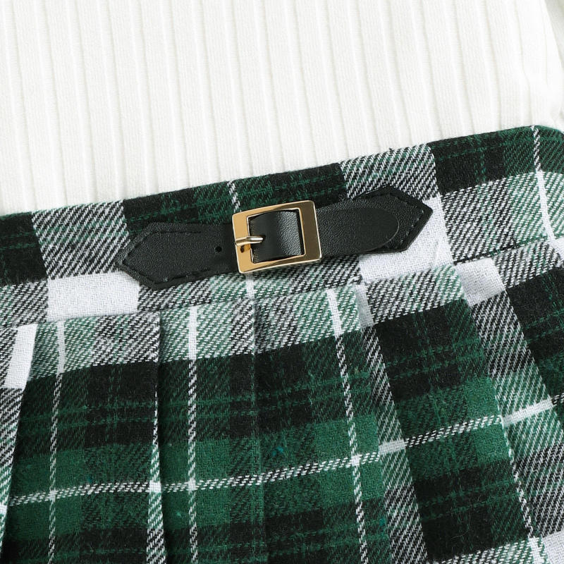 2022 Autumn Winter Kids Clothes Set Fashion Style High Collar Long Sleeve White Blouse Green Checkered Skirt 2Pcs Girls Outfits