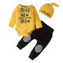 Conyson Autumn and Winter Kids Clothes Boys Long Sleeve Letter Printed Bowknot Embroidered Trousers Hat 3Pcs Clothes Set