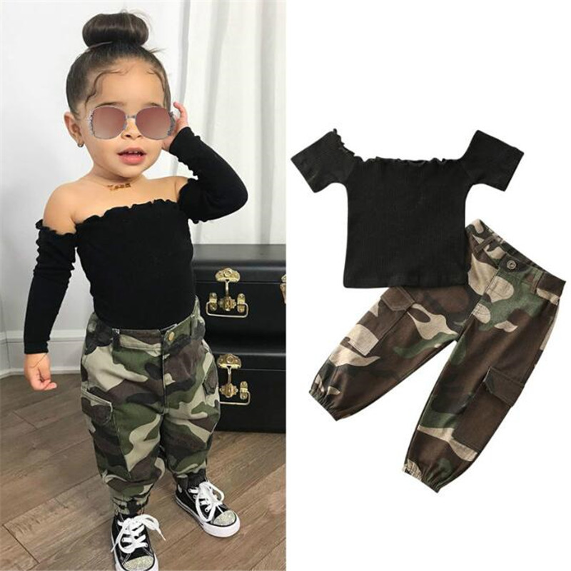 Conyson Kids Toddler Clothes Ribbed Short Sleeve Off Shoulder T Shirts Tops Camouflage Pants 2pcs baby Girls' Clothing Sets