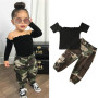 Conyson Kids Toddler Clothes Ribbed Short Sleeve Off Shoulder T Shirts Tops Camouflage Pants 2pcs baby Girls' Clothing Sets