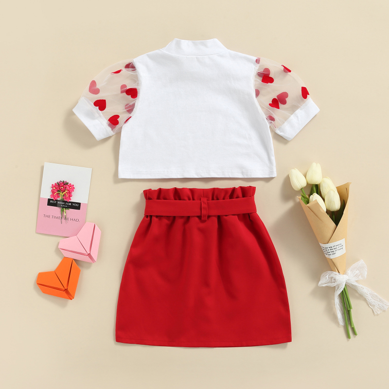Conyson New Summer Valentines Days Kids Toddler Girls 2Pcs Clothes Sets Heart Letter Mesh Puff Sleeve T-Shirts+Bowknot Skirt Set