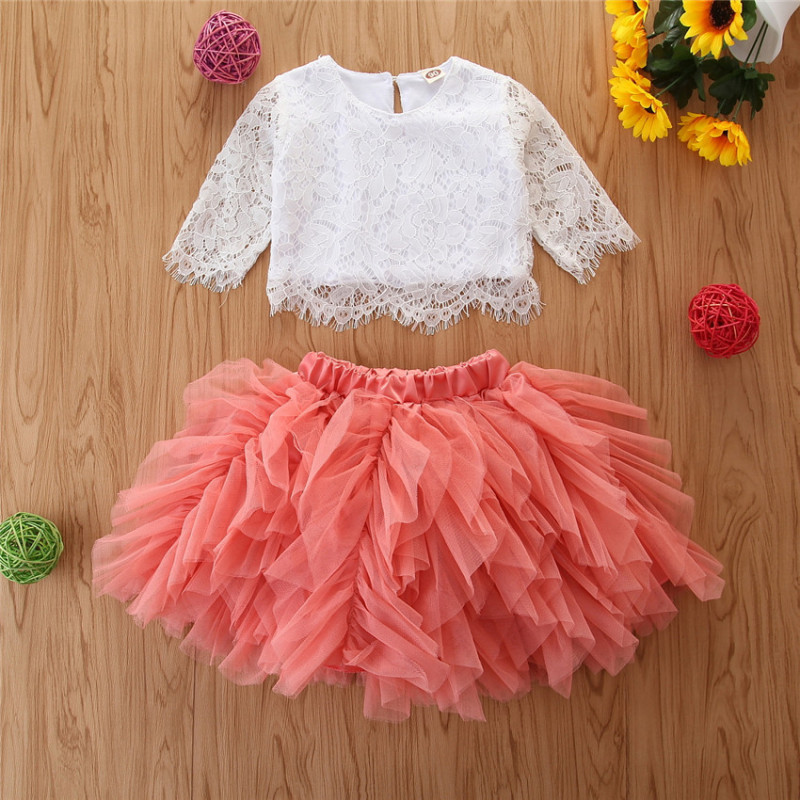 Conyso Kids Girls Lace Dresses Flower Long Sleeve Top Tutu Skirt 2 Piece Clothes Sets Wedding Wear Princess Clothing Suits