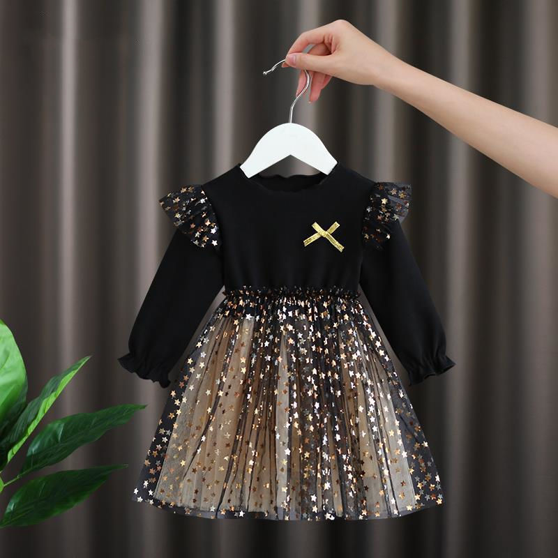 Fashionable New Puffy Net Yarn Baby Girls Birthday Wedding Party Kids Star Print Sequin Long Sleeve Girls Dresses