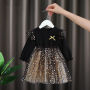 Fashionable New Puffy Net Yarn Baby Girls Birthday Wedding Party Kids Star Print Sequin Long Sleeve Girls Dresses