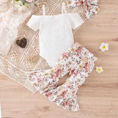 Conyson Hot Sale Spanish Newborn Organic Short-Sleeved Stripe Print Flower Baby Girl Ruffle Bow Jumpsuit 3 Pieces Baby Romper