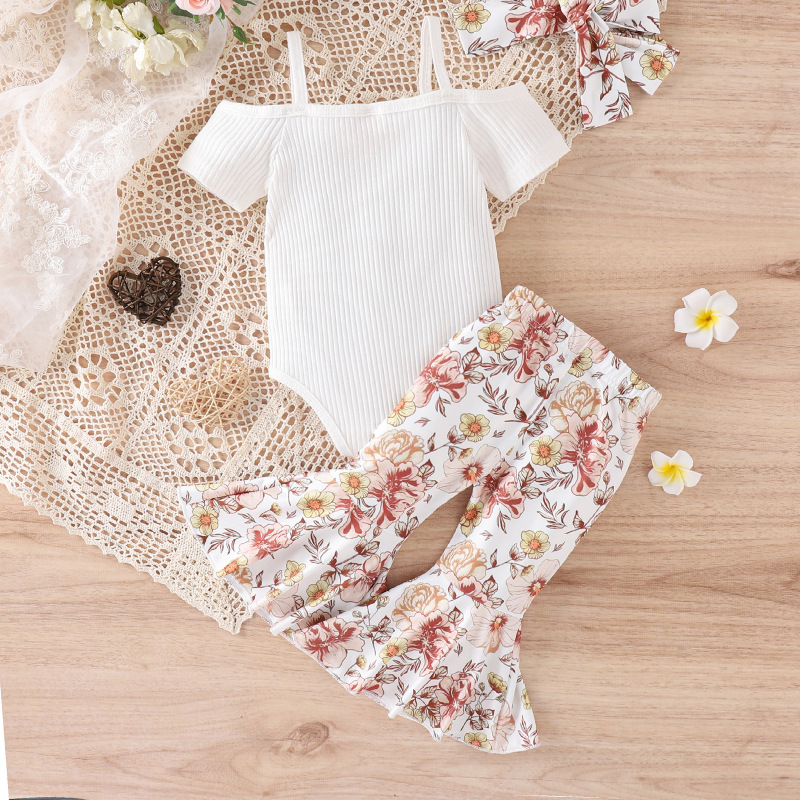 Conyson Hot Sale Spanish Newborn Organic Short-Sleeved Stripe Print Flower Baby Girl Ruffle Bow Jumpsuit 3 Pieces Baby Romper