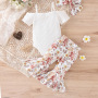 Conyson Hot Sale Spanish Newborn Organic Short-Sleeved Stripe Print Flower Baby Girl Ruffle Bow Jumpsuit 3 Pieces Baby Romper