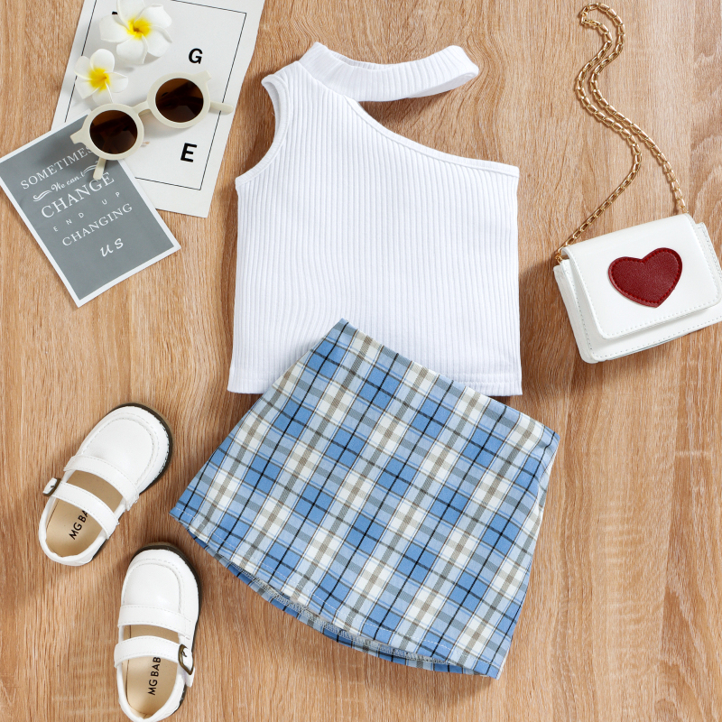 Conyson Wholesale Fashion Baby Girls Clothes Set Sleeveless Ribbed Hollow Shoulder Vest Tops+Plaid Printed A-Line Skirt Outfit