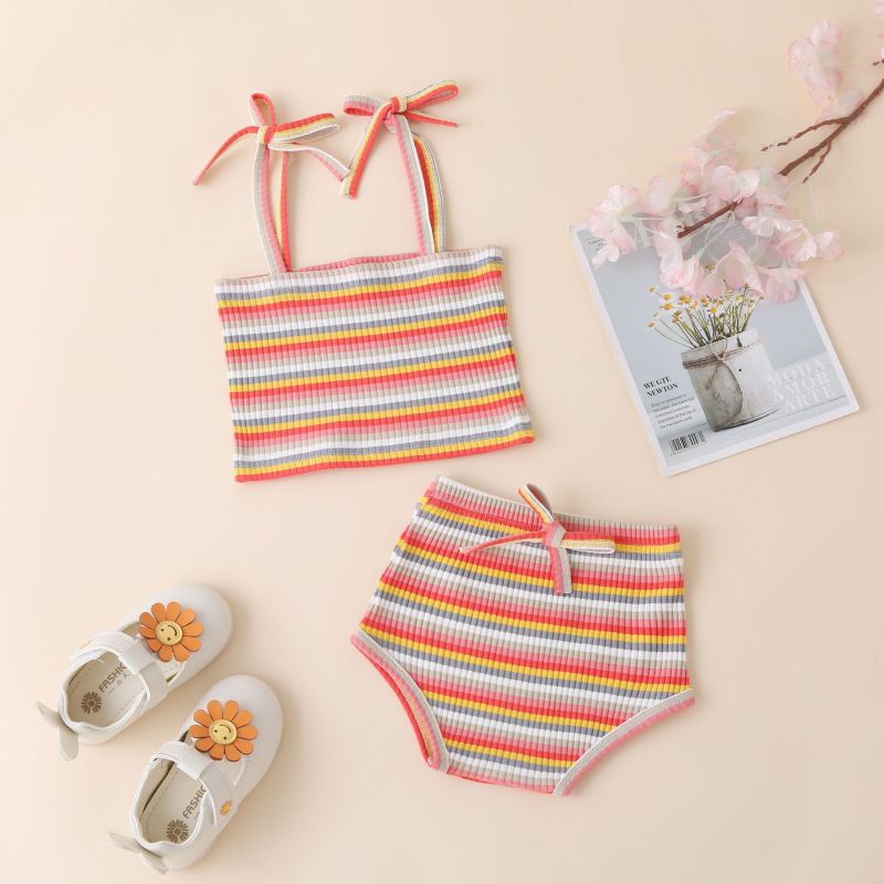 Conyson Hot Sale Ins Fashion Kids Clothes Outwear Summer New Rainbow Stripe Suspender +Shorts 2Pcs Baby Girls Clothing Set