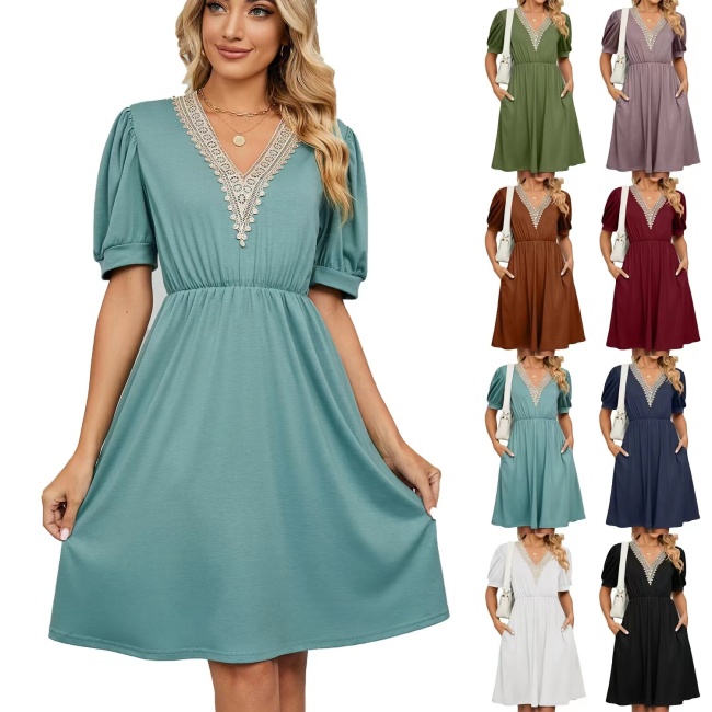 Conyson New Arrivals LOW MOQ Spring Summer Plain V Neck Splicing Design Short Sleeve With Pockets Tight Sexy Dresses Women