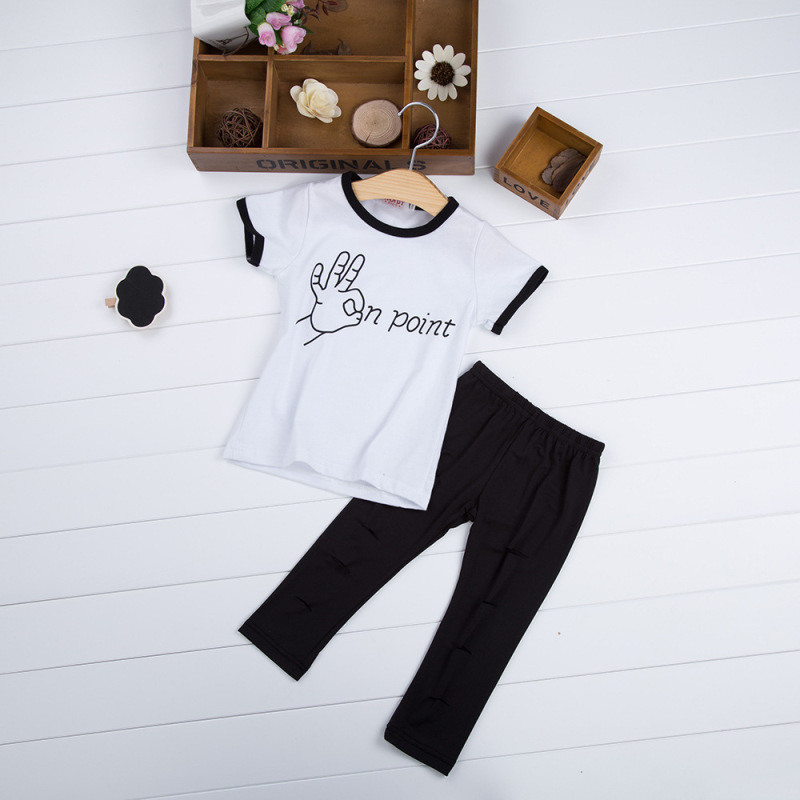 casual kids summer girls 2piece clothing suit set Children's Clothing Ok Letter Printed T-shirt + Holed Leggings Two-piece Suit
