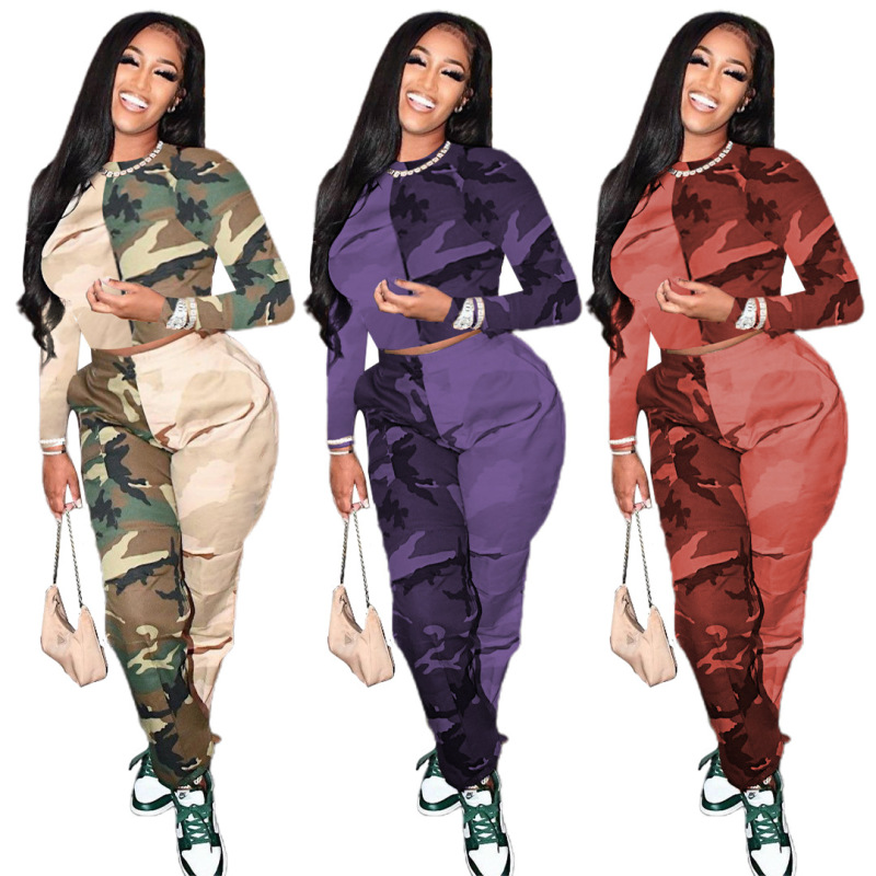 Custom Logo Patchwork Printed Camouflage Suits Jogger Sweatsuit Two Piece Outfits 2022 Summer Women Sports Sets