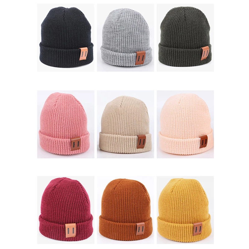 Conyson New Autumn Winter Warm Kids Baby Boys Girls Knit Beanie Adult Children Mommy and Me Hats Newborn with Leather Label