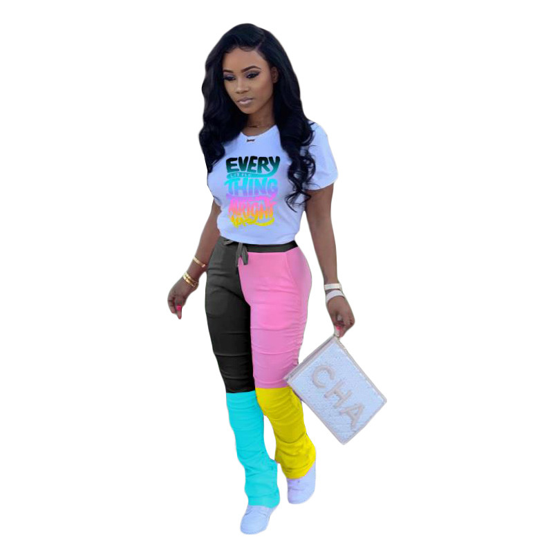 Conyson New Fashion Letter Mixture Printed Colorful T-shirt Patchwork Legging Pants Ruffles Women Lady Casual Outfits Sets