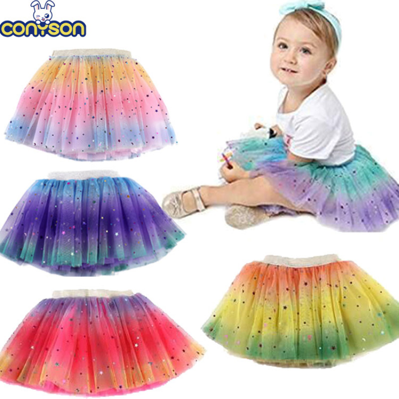 Conyson Hot Sale Summer Kids Clothing Korean Children Skirts Glitter Rainbow Stars Moons Embroidery Dance Gauze Tutu Short Dress
