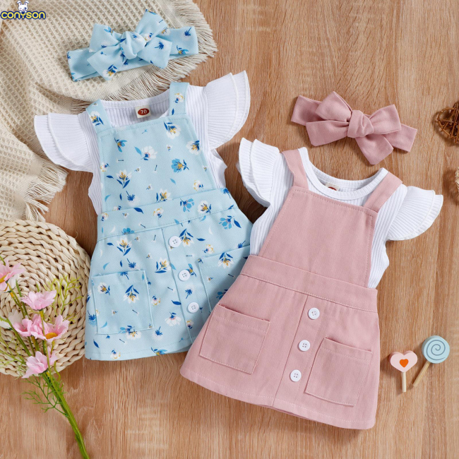 Conyson high quality fashion summer Korean cotton Toddler kids short sleeve Clothing Suit Girl 3 Pieces Outfits baby clothes set