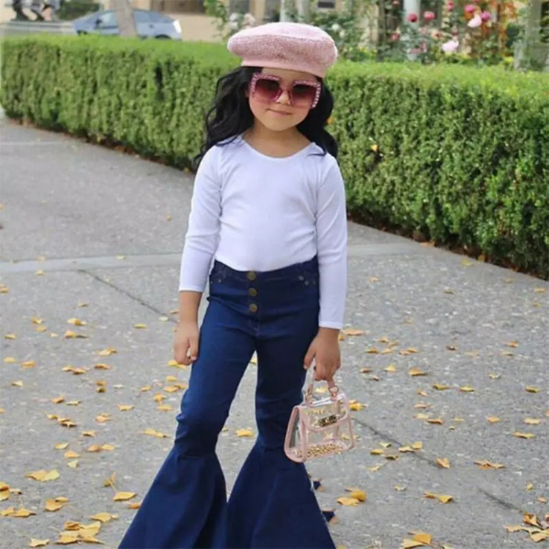Spring And Summer Girl Double Pocket Bell Bottoms Long Trousers Girl Blue Skinny Flared Jeans