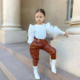 Conyson Casual Kids Girl Clothes Knit Sweater Leather Pants Outfits Long Puff Sleeved Top Pu Trousers Elegant 2pcs Girls Set