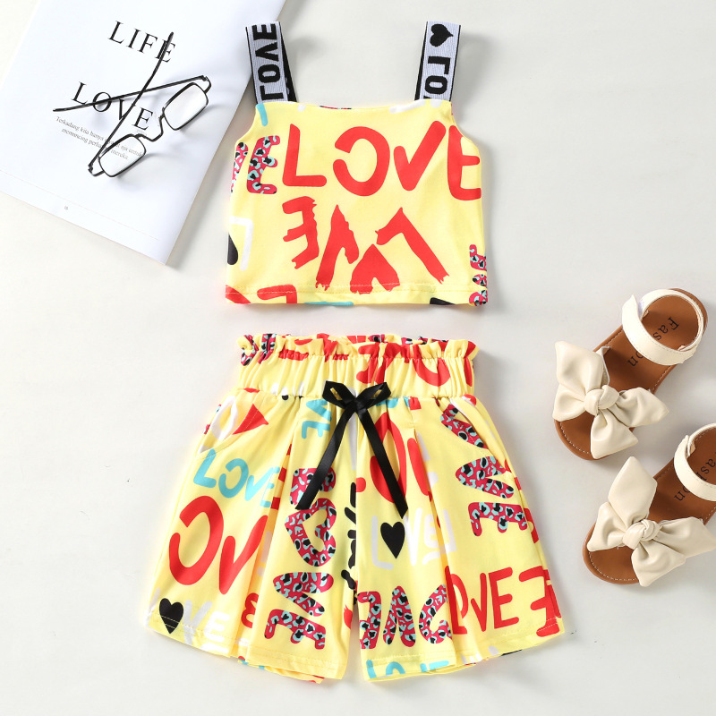 Conyson Wholesale Summer Kids Clothes Baby Little Girls Sleeveless Halter Vest Graffiti Love Letter Print Shorts Casual Outfit