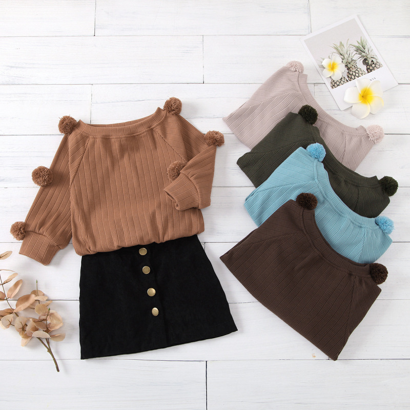 Toddler Baby GIrl Skirts Outfits Long Sleeve Knitted Pompom Sweater Top Oxford Button Aline Skirts Mini Dress Two Piece Sets