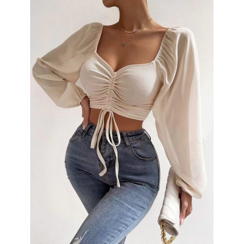 Conyson Fashion Spring Fall Long Sleeve Sexy Deep Square Neck Crop Top Chiffon Shirts Tops Short Women Lady Blouse Clothes