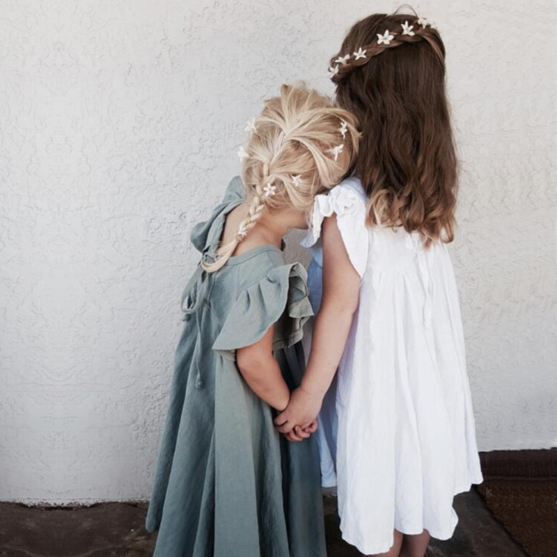 Conyson Toddler Baby Girls Cotton Linen Crew Neck Dress Summer Ruffle Sleeve Halter Sleeveless Kids Casual Beach Party Dresses