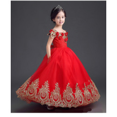 Luxury V Neck Red Short Sleeve Wedding Dress Flower Girl Dresses Kids Apparel Clothes Girl Dress