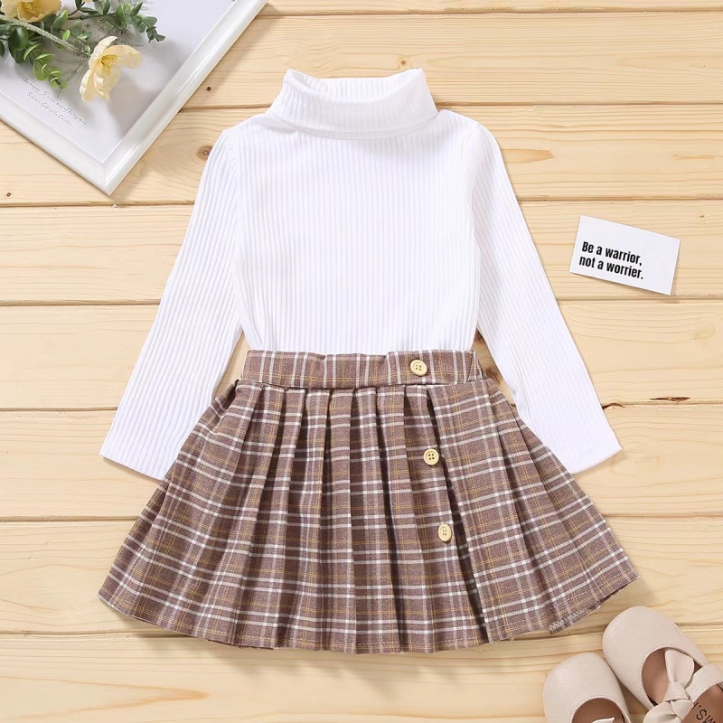 Autumn Fashion Kids Girls Clothes Sets 2pcs Solid Knit Long Sleeve Turtleneck Sweater Tops Plaid Skirts