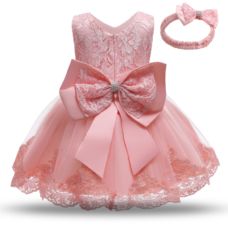Cute Kids Lace Dress Flower Girl Dresses For 1 Years Old Baby Girl Party Baptism Dress With Hair Band
