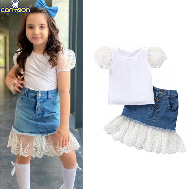 Conyson Summer Fashion Kids Girl Clothes Sets Solid Lace Puff Sleeve T-Shirts Floral Ruffles Denim Skirts Two Piece Children Set