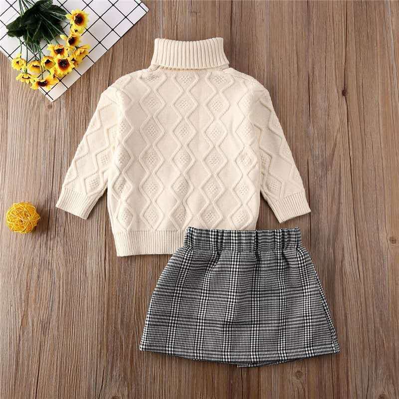 Fashion Fall Warm Winter Kids Baby Girls Turtleneck Knit Sweater Tops Plaid Print Mini Skirt Outfit Set