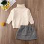 Fashion Fall Warm Winter Kids Baby Girls Turtleneck Knit Sweater Tops Plaid Print Mini Skirt Outfit Set