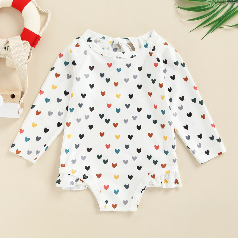 Conyson 1-6T Toddler Girls Summer Casual Long Sleeve O Neck Floral Print Bodysuit Swimsuit Heart Flowers Kids Girl Swimwear