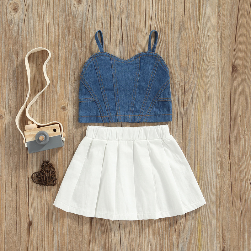 Conyson Fashion Kids Girls Casual Jean Vest Short Skirts Outwear Summer Suits Little Girl White Pleated Dresses 2pcs Outfits