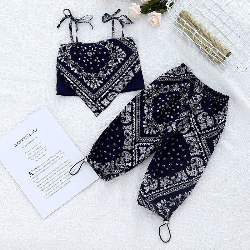 Conyson Wholesale Hot Fashion Kids Clothes Summer Sleeveless Off Shoulder Printed Halter Vest Tops Geometric Casual Pants Sets