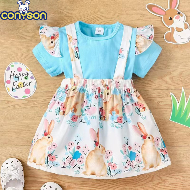 Conyson RTS Low MOQ Spring Summer Short Sleeve Top Rabbit Printing Suspenders Baby Cotton Fabric Kids Two Pieces Easter Set