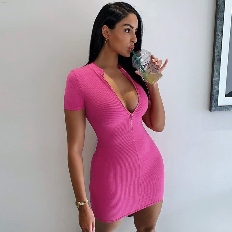 Conyson Clothing Custom Spot New High Neck Short Sleeve Bag Hip Knitted Skirt Woman Vintage Dresses Women Casual Zipper Dress