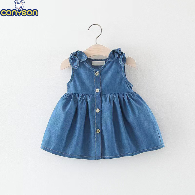 Conyson New Arrival Summer 90% Cotton 1-3 yrs Fashionable O-Collar Sleeveless Korean Style Bowknot Little Girls Denim Dresses
