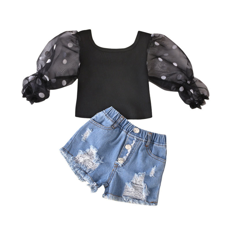 Conyson Fashion Children Clothes Sets Kids Baby Girls Mesh Sheer Puff Long Sleeve Blouse +Denim Shorts Jeans Outfits Tracksuit