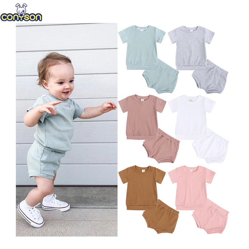 Cotton Casual Summer Newborn Baby Boys Girls Outfits Suit Ribbed Knitted Short Sleeve T-shirts Tops+Shorts 2Pcs Kids Tracksuits