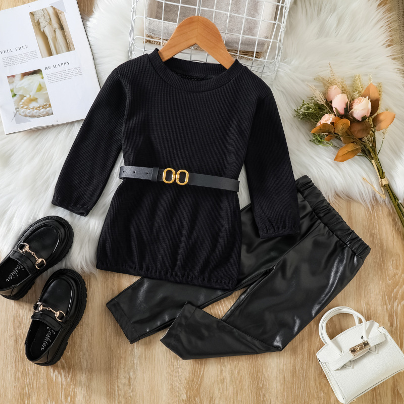 Conyson Hot Sale rts fashion sweater fall kids girls designers kid clothes belt PU leather pant winter clothing wholesale Set