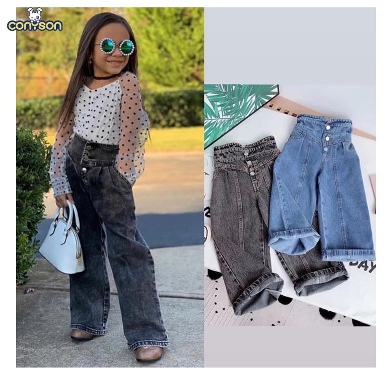 Conyson Kids Girls Wide-legged Jeans Spring Fall Children Loose Straight Soft Denim Pants Chubby Baby Girl High Waist Blue Jeans