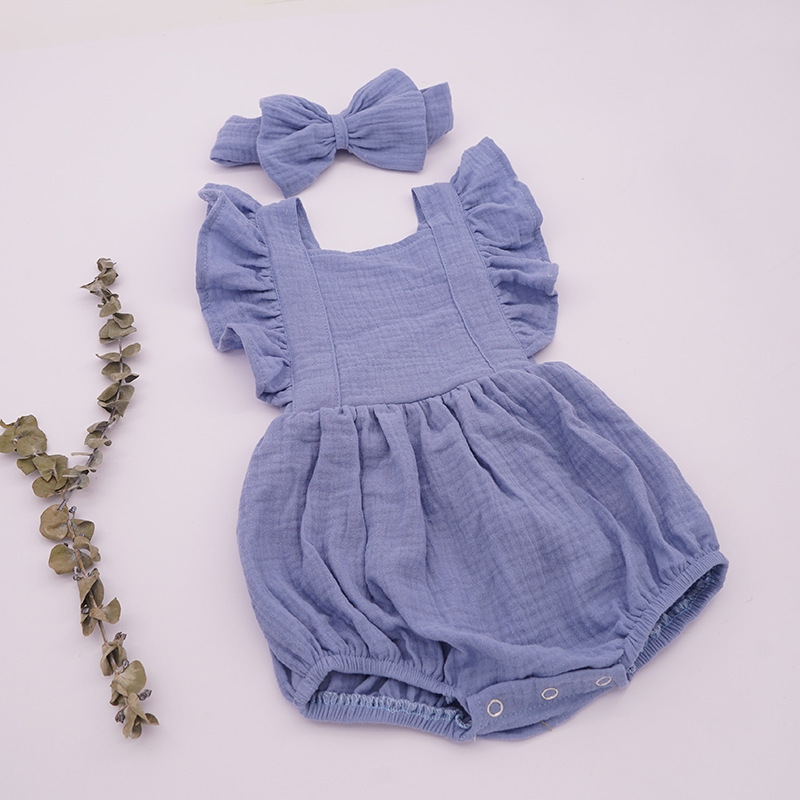 Conyson Hot Sale Summer Sleeveless Jumpsuit With Headband 2Pcs Sets Sweet 100% Cotton Baby Girl Rompers