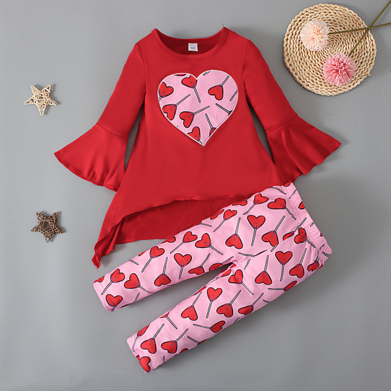 Conyson European Valentine's Day Spring Autumn Horn Long Sleeve Top+ Pant Heart Print 2Pcs Kid Clothes Baby Girls Clothing Set