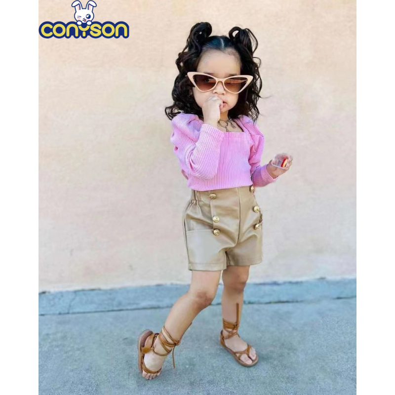 Conyson Hot Wholesale Europeon Style Fashion Square Collar Stripe Sweater PU Nail Button With Pocket Little Girls Fall Clothes